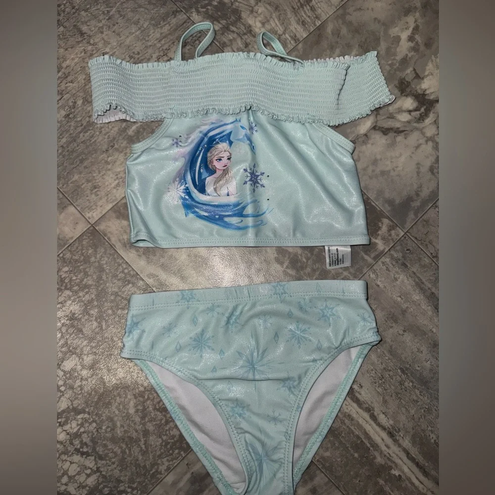 Disney Frozen Elsa Girls 2 Piece Swimsuit Tankini Blue Size 5/6